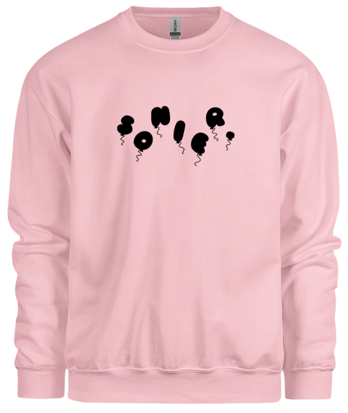 50% cotton 50% polyester pink crewneck sweatshirt with graphic balloon design, front