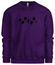 Load image into Gallery viewer, 50% cotton 50% polyester purple crewneck sweatshirt with graphic balloon design, front
