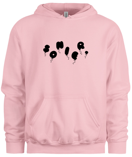 50% cotton 50% polyester pink hoodie sweatshirt with graphic balloon design, front