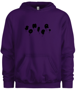 50% cotton 50% polyester purple hoodie sweatshirt with graphic balloon design, front