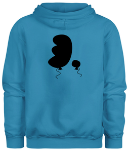 50% cotton 50% polyester blue hoodie sweatshirt with graphic balloon design, back