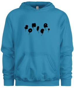 50% cotton 50% polyester blue hoodie sweatshirt with graphic balloon design, front