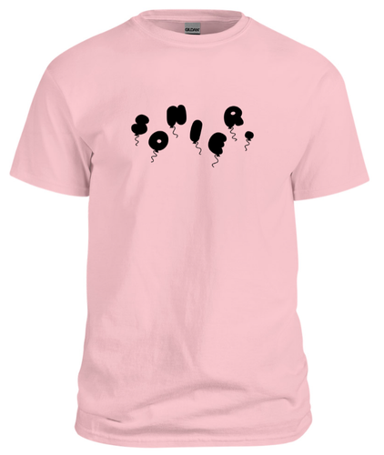 100% cotton pink tee with graphic balloon design, front