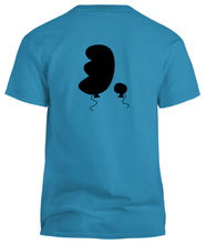 Load image into Gallery viewer, 100% cotton blue tee with graphic balloon design, back
