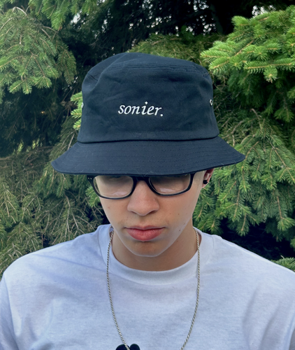 black bucket hat with embroidered sonier. logo, front