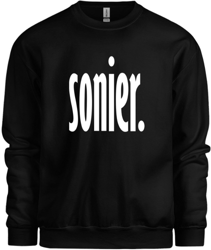 50% cotton 50% polyester black crewneck sweatshirt with graphic design, front