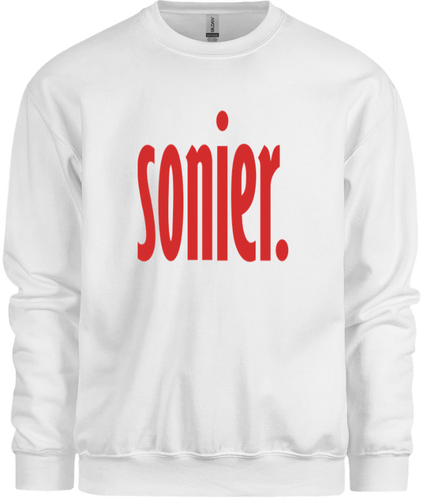 50% cotton 50% polyester white crewneck sweatshirt with graphic design, front