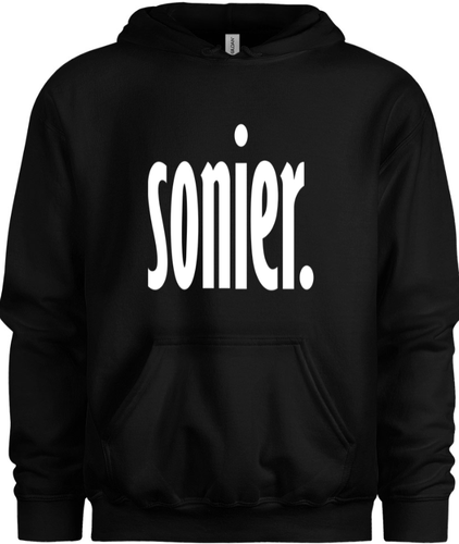 50% cotton 50% polyester black hoodie sweatshirt with graphic design, front