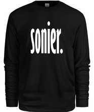 Load image into Gallery viewer, 100% cotton black long sleeve tee with graphic design, front
