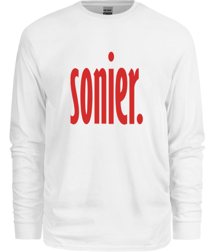 100% cotton white long sleeve tee with graphic design, front