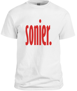 100% cotton red tee with graphic design, front