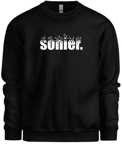 50% cotton 50% polyester black crewneck sweatshirt with graphic sonier. logo design, front