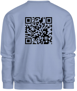 50% cotton 50% polyester blue crewneck sweatshirt with graphic qr code design, back