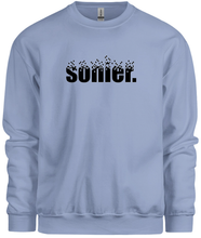 Load image into Gallery viewer, 50% cotton 50% polyester blue crewneck sweatshirt with graphic sonier. logo design, front
