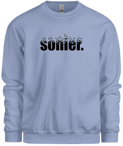 50% cotton 50% polyester blue crewneck sweatshirt with graphic sonier. logo design, front