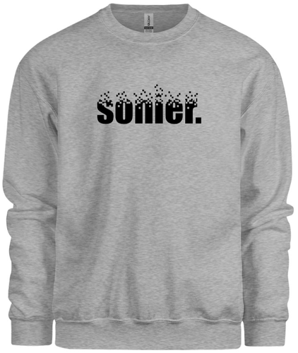 50% cotton 50% polyester grey crewneck sweatshirt with graphic sonier. logo design, front