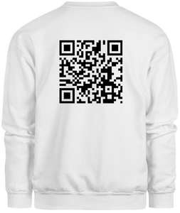 50% cotton 50% polyester white crewneck sweatshirt with graphic qr code design, back