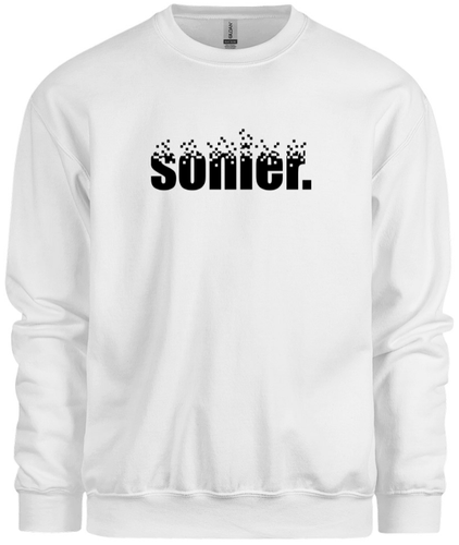 50% cotton 50% polyester white crewneck sweatshirt with graphic sonier. logo design, front