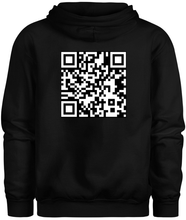 Load image into Gallery viewer, 50% cotton 50% polyester black hoodie sweatshirt with graphic qr code design, back
