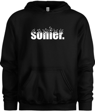 Load image into Gallery viewer, 50% cotton 50% polyester black hoodie sweatshirt with graphic sonier. logo design, front
