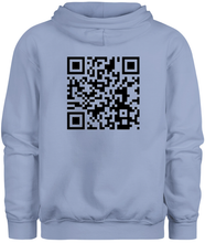 Load image into Gallery viewer, 50% cotton 50% polyester blue hoodie sweatshirt with graphic qr code design, back
