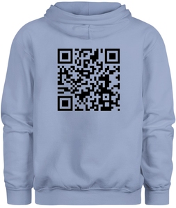 50% cotton 50% polyester blue hoodie sweatshirt with graphic qr code design, back