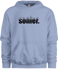 Load image into Gallery viewer, 50% cotton 50% polyester blue hoodie sweatshirt with graphic sonier. logo design, front
