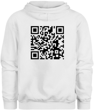 Load image into Gallery viewer, 50% cotton 50% polyester white hoodie sweatshirt with graphic qr code design, back
