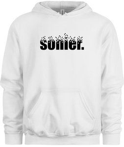 50% cotton 50% polyester white hoodie sweatshirt with graphic sonier. logo design, front