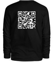 Load image into Gallery viewer, 100% cotton black long sleeve tee with graphic qr code design, back
