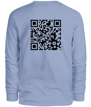 Load image into Gallery viewer, 100% cotton blue long sleeve tee with graphic qr code design, back
