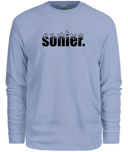 Load image into Gallery viewer, 100% cotton blue long sleeve tee with graphic sonier. logo design, front
