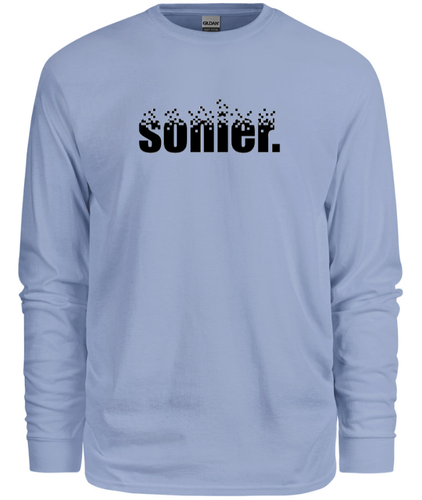 100% cotton blue long sleeve tee with graphic sonier. logo design, front