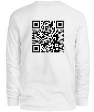 Load image into Gallery viewer, 100% cotton white long sleeve tee with graphic qr code design, back
