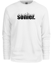 Load image into Gallery viewer, 100% cotton white long sleeve tee with graphic sonier. logo design, front
