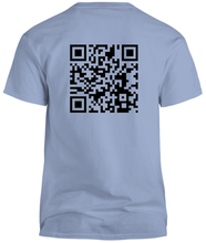 Load image into Gallery viewer, 100% cotton blue tee with graphic qr code design, back
