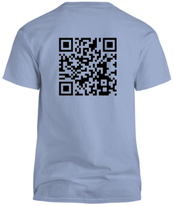 100% cotton blue tee with graphic qr code design, back