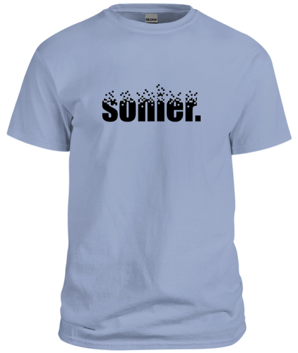 100% cotton blue tee with graphic sonier. logo design, front