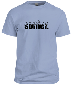 100% cotton blue tee with graphic sonier. logo design, front