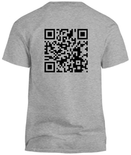 Load image into Gallery viewer, 100% cotton grey tee with graphic qr code design, back
