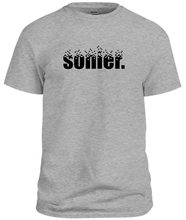 Load image into Gallery viewer, 100% cotton grey tee with graphic sonier. logo design, front
